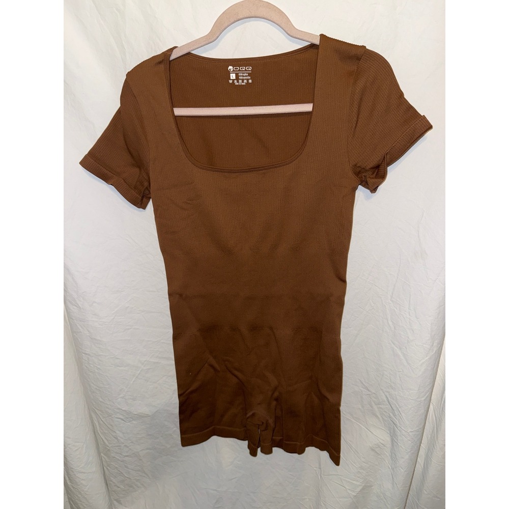 OQQ Women Brown‎ Ribbed Short Sleeve Romper Square Neck Seamless Bodysuit Large